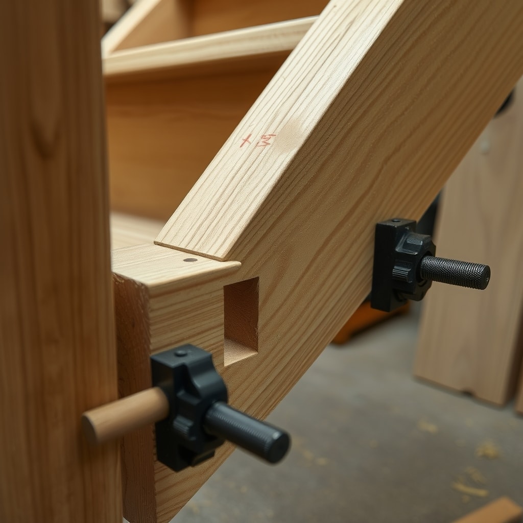 Détail de l'assemblage des marches et du limon d'un escalier bois