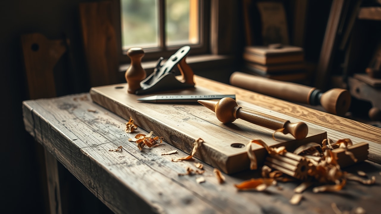 Établi de menuisier avec outils à main et copeaux de chêne
