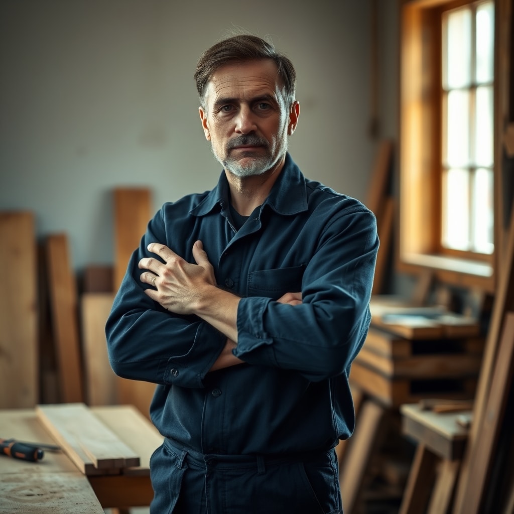 Portrait du menuisier de l'entreprise Atelier Balzarini devant son établi