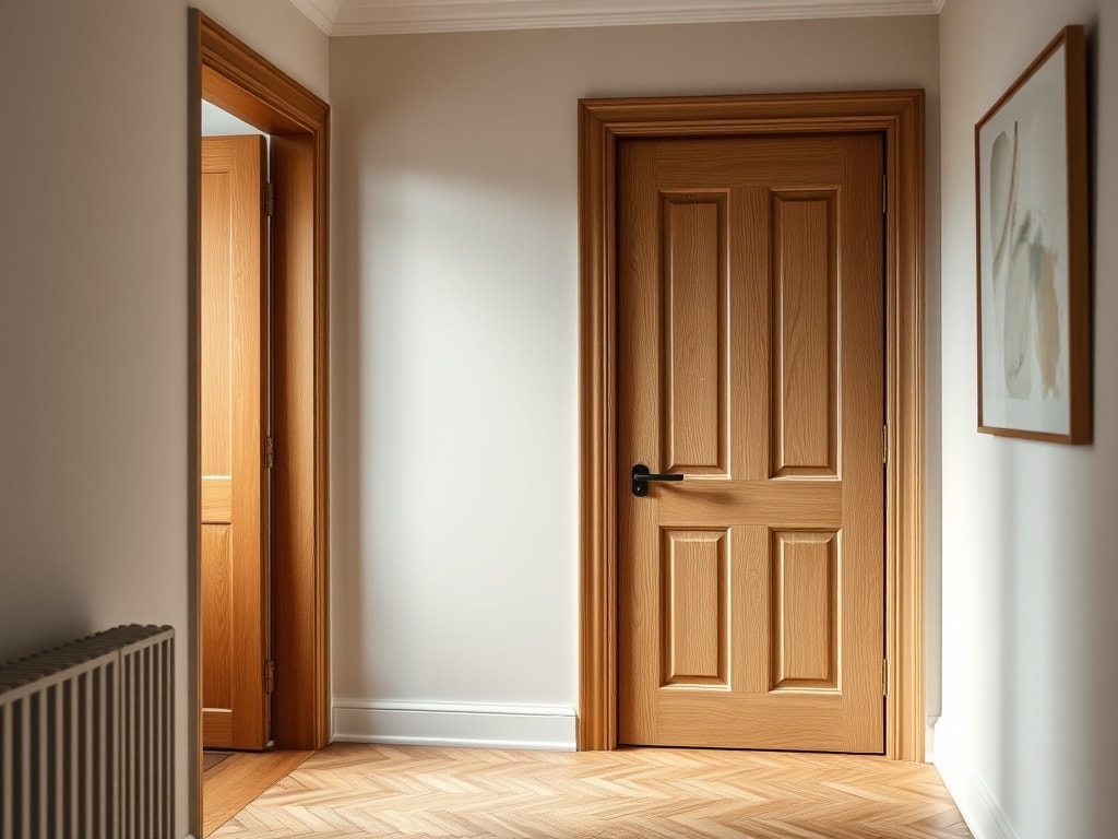 Porte intérieure en bois ajustée dans un couloir rénové