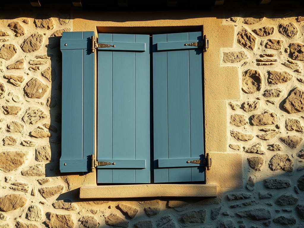 Volets battants en bois peints sur une façade de maison